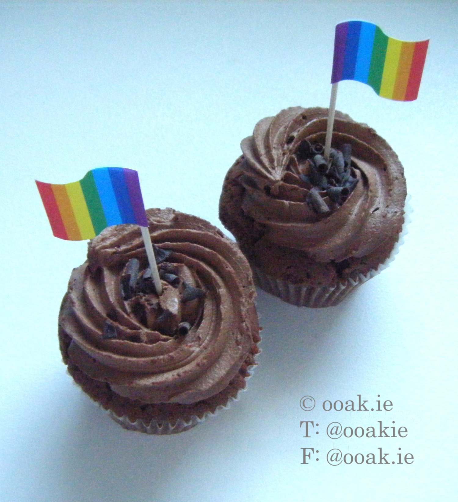Two Rainbow stripe flags used as cupcake toppers on chocolate cupcakes.