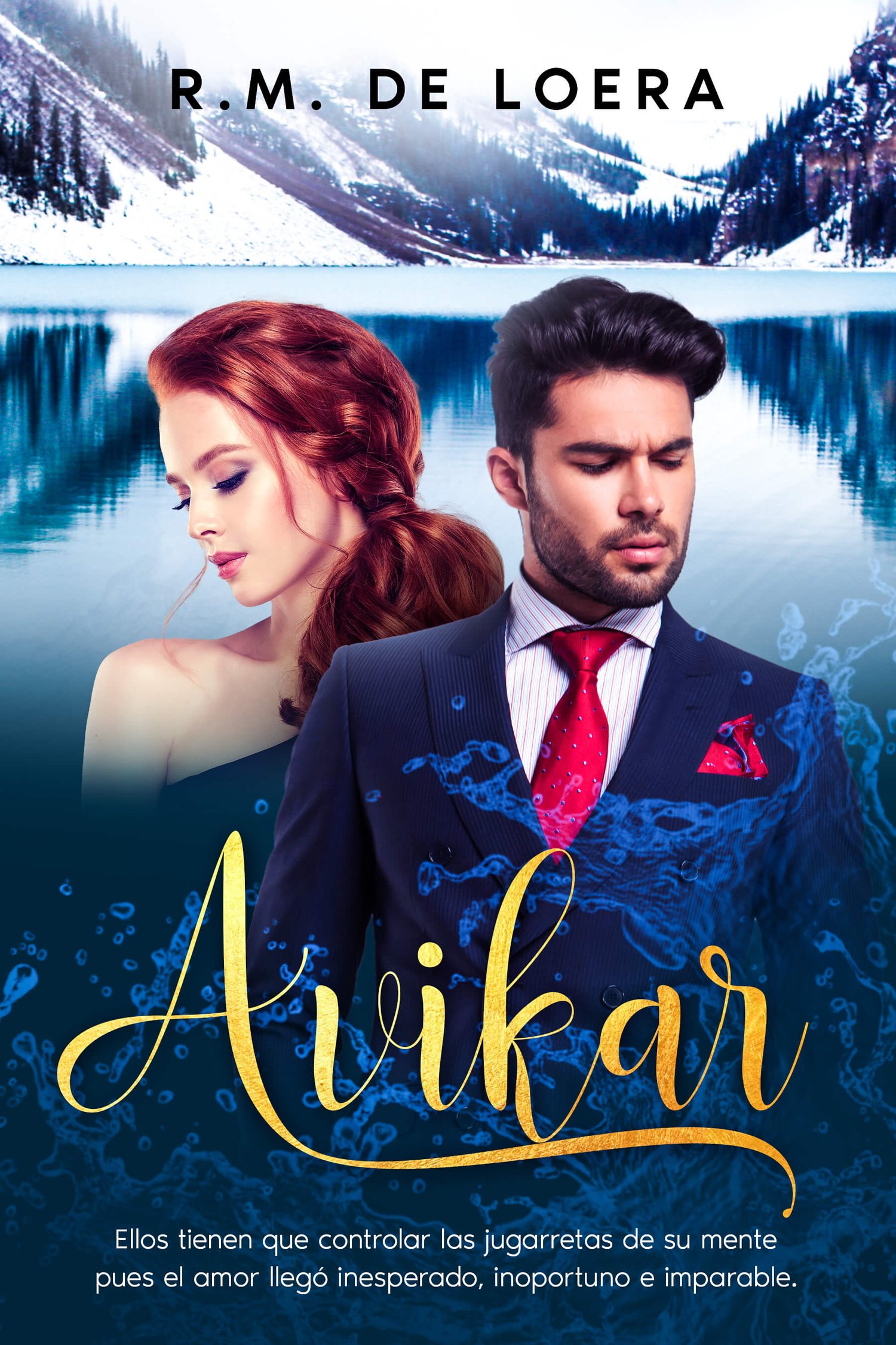 Portada Avikar novela romántica de discapacitados. Un hombre y una mujer vestidos con formalidad y en el fondo una montaña helada.