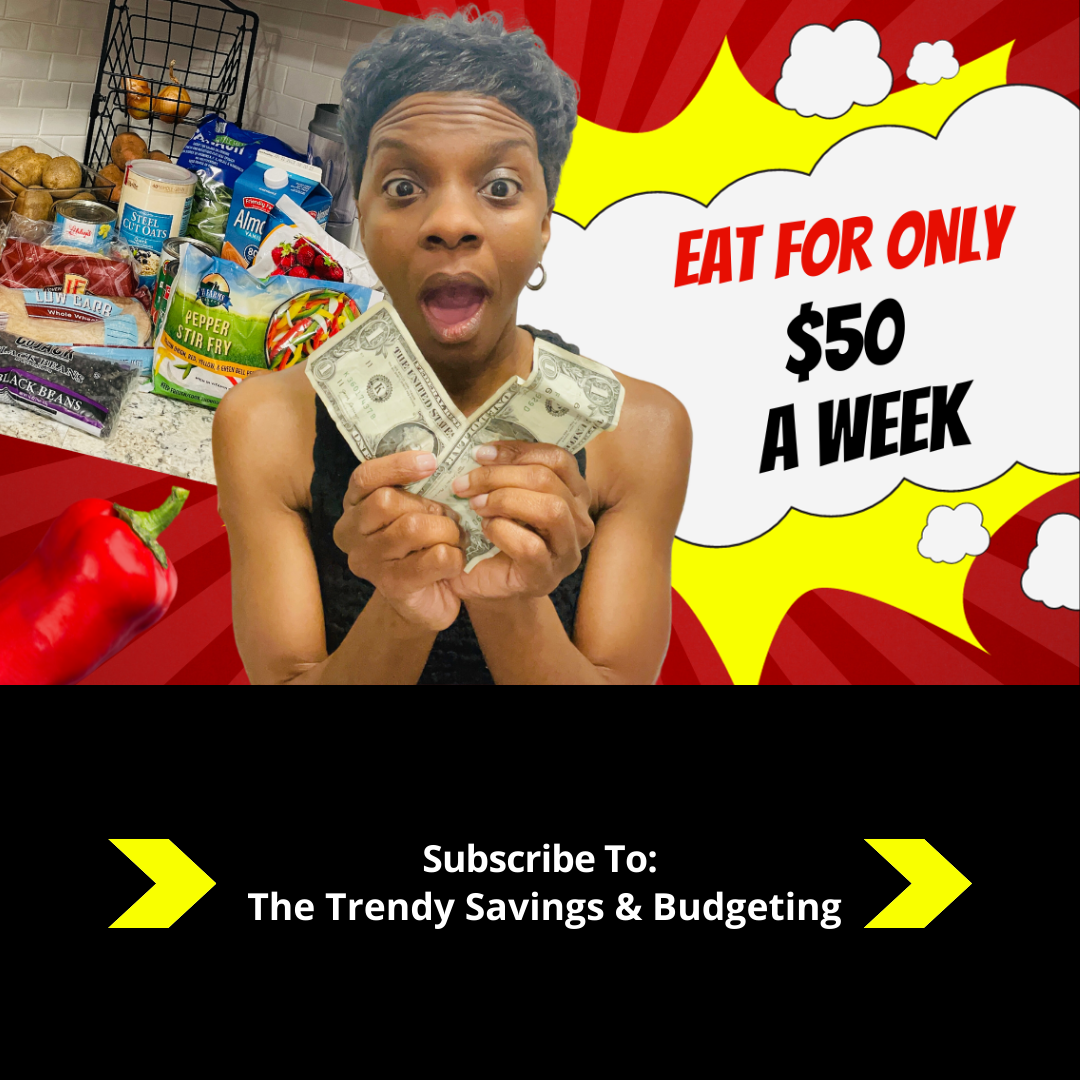Trendy Savings & Budgeting YouTube Image of black woman holding money & saving on grocery shopping