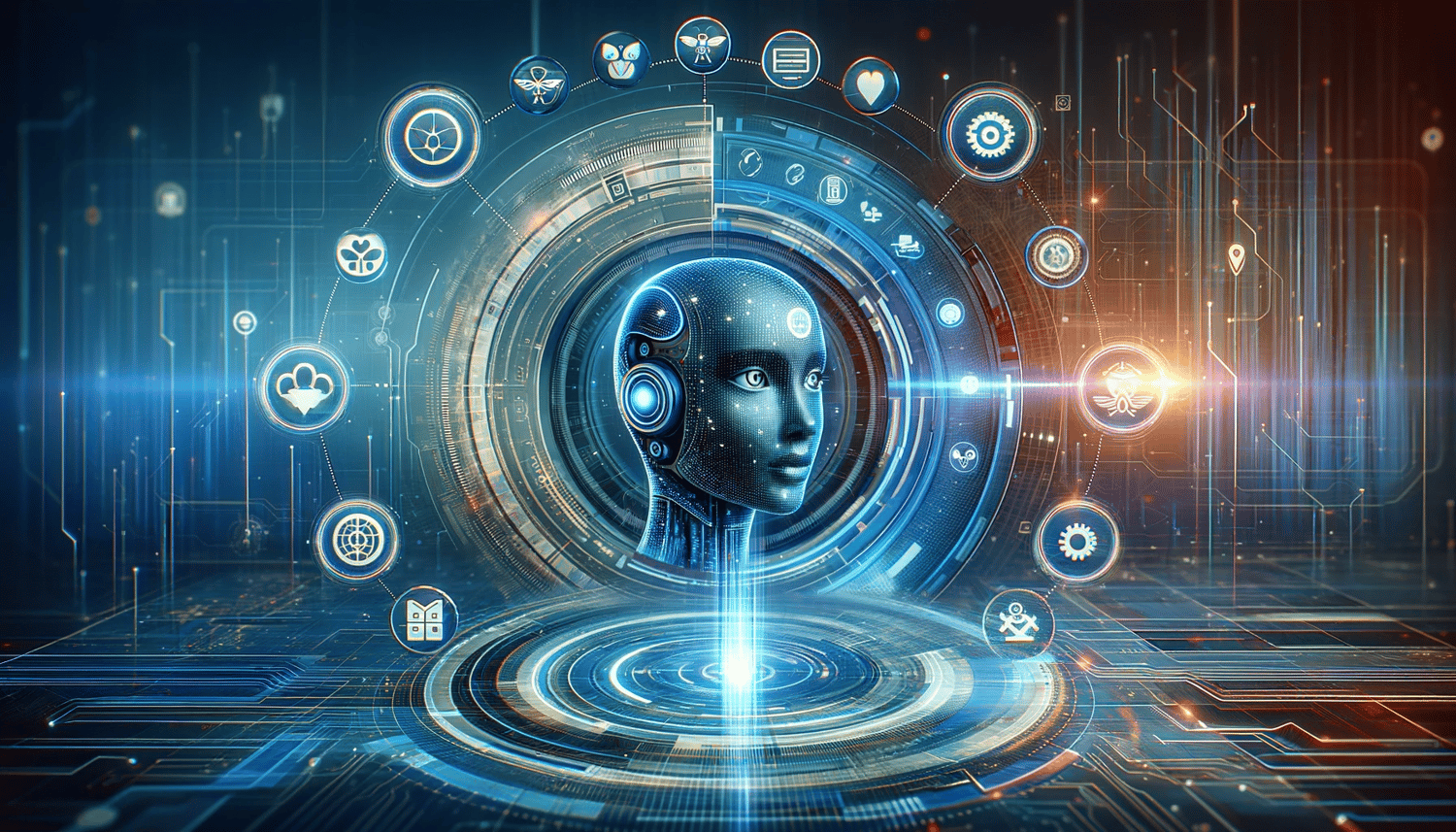 An image depicting a futuristic AI assistant in the form of ChatGPT, showing a digital interface with various sectors