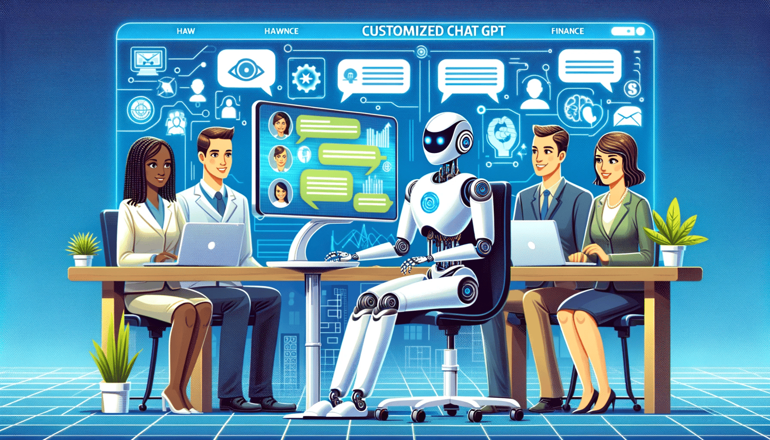 A humanoid robot sitting at a desk with a computer, engaged in a conversation with professionals