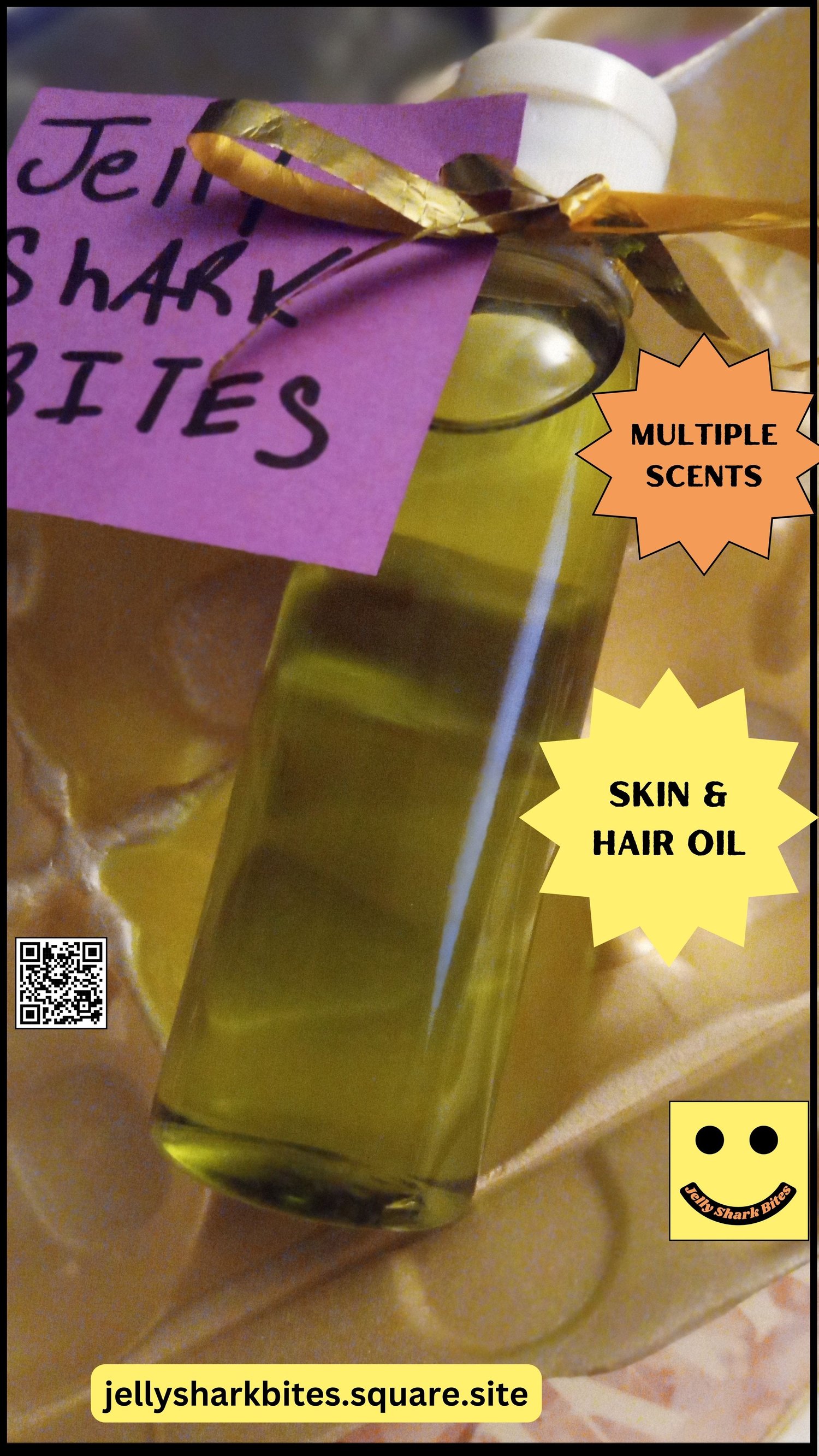 multiple scents skin and hair oil. jelly shark bites. gold ribbon purple tag on bottle. rose gold pink background