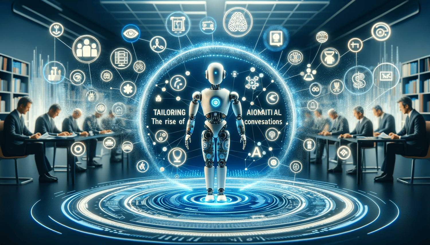 An image representing the concept of 'Tailoring AI Conversations_ The Rise of Customized ChatGPT'. The scene includes a humanoid robot in the center