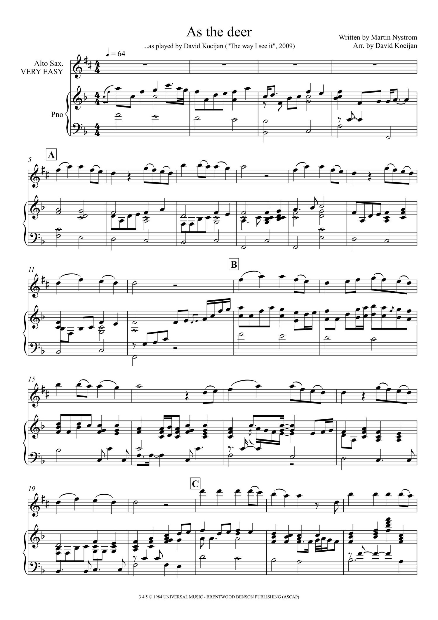 As the deer - VERY EASY (alto sax & piano) SHEET MUSIC - Payhip