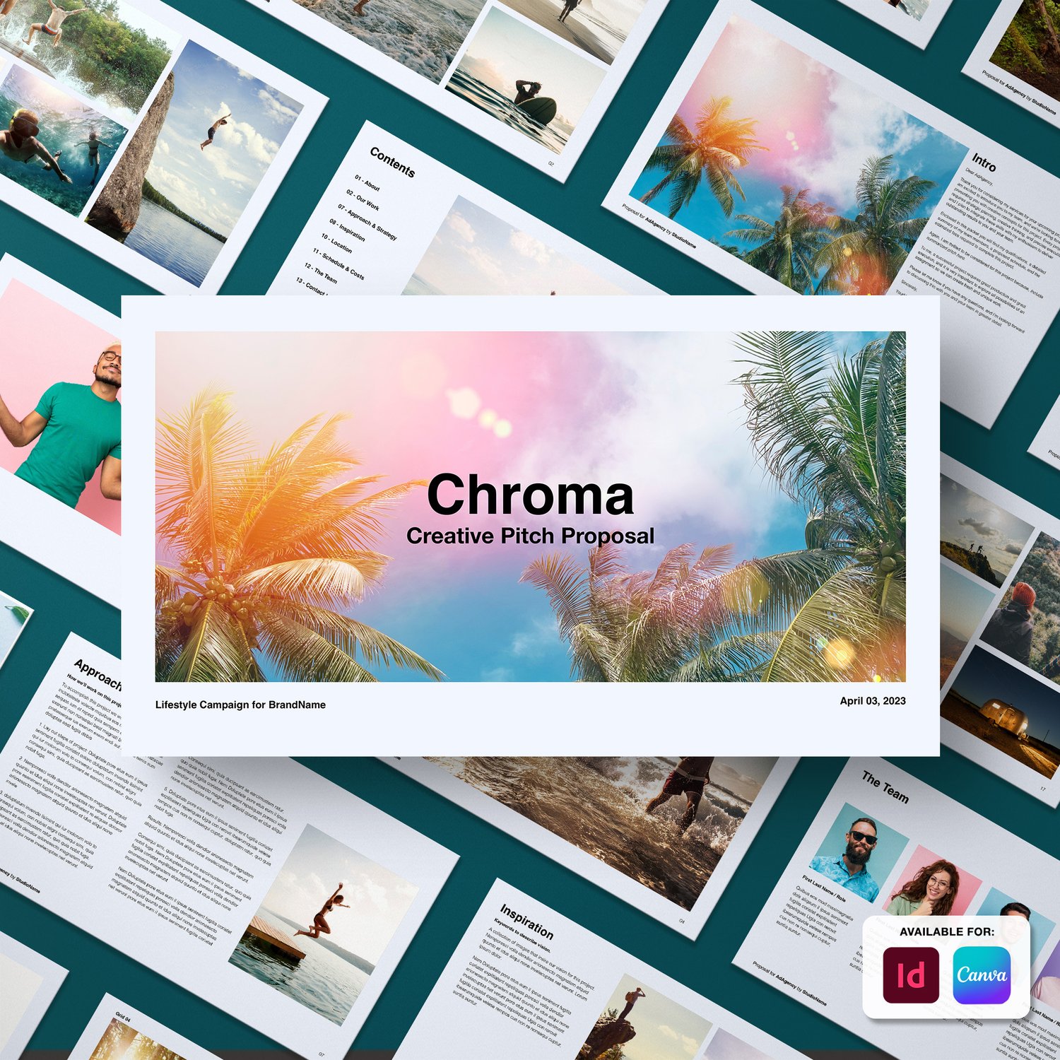 A collage of magazine-style pages featuring vibrant travel and lifestyle-themed images. The central focus is a document titled Chroma: Creative Pitch Proposal with a tropical background. Icons for InDesign and Canva are visible at the bottom right.