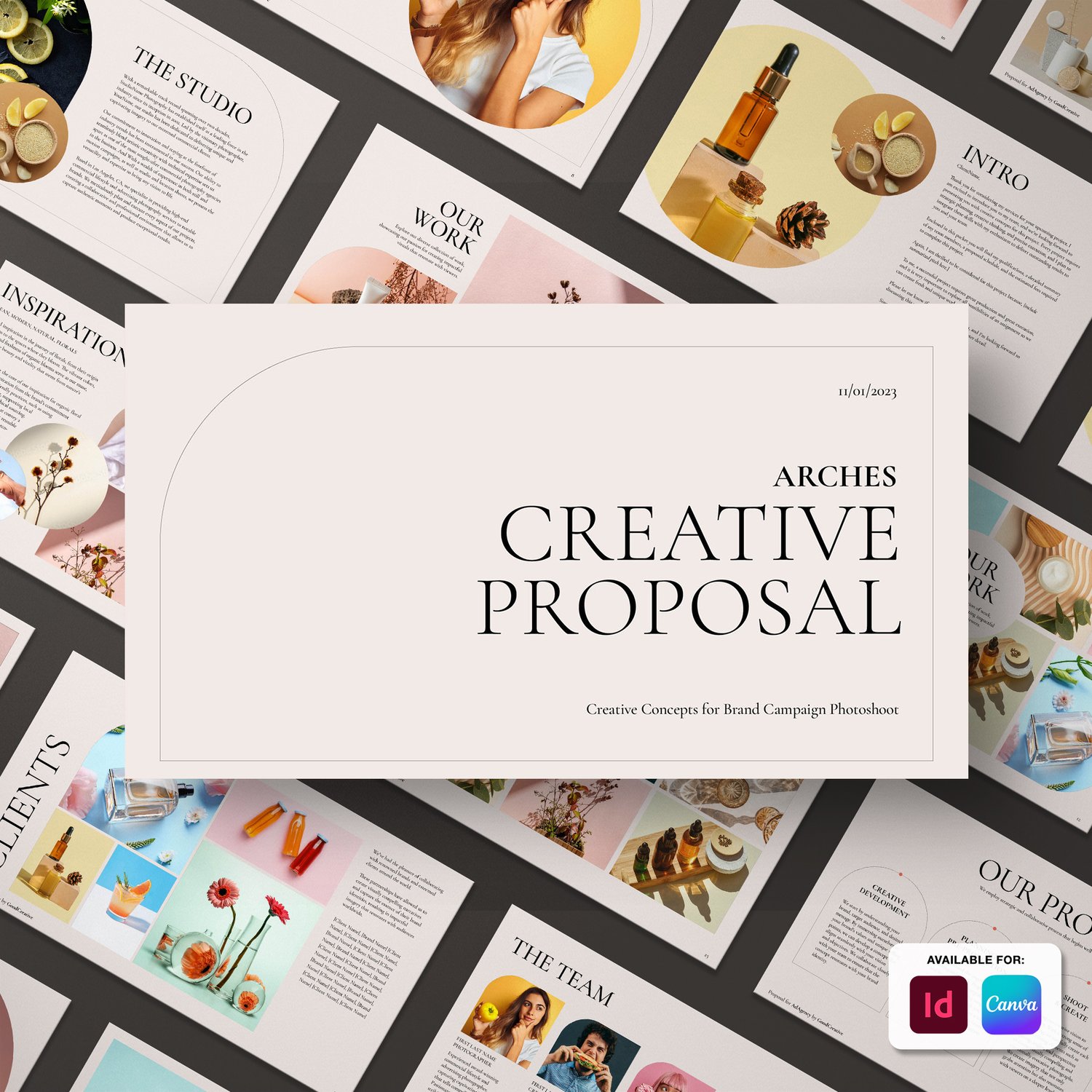 A creative proposal template titled ARCHES Creative Proposal is displayed, featuring multiple pages with images, graphics, and text layouts. The Adobe InDesign and Canva logos are visible, indicating availability on these platforms.