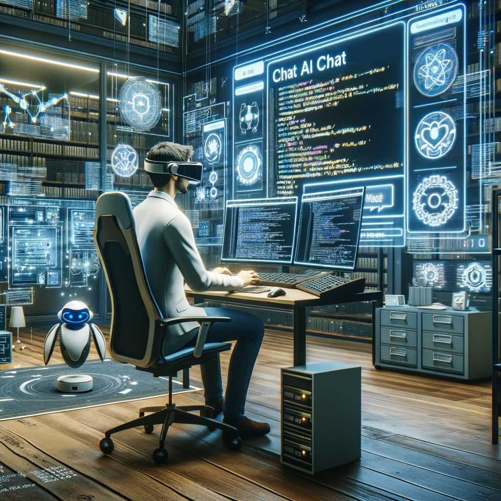 A scene depicting a Chat Architect working on customizing a ChatGPT model in a high-tech office