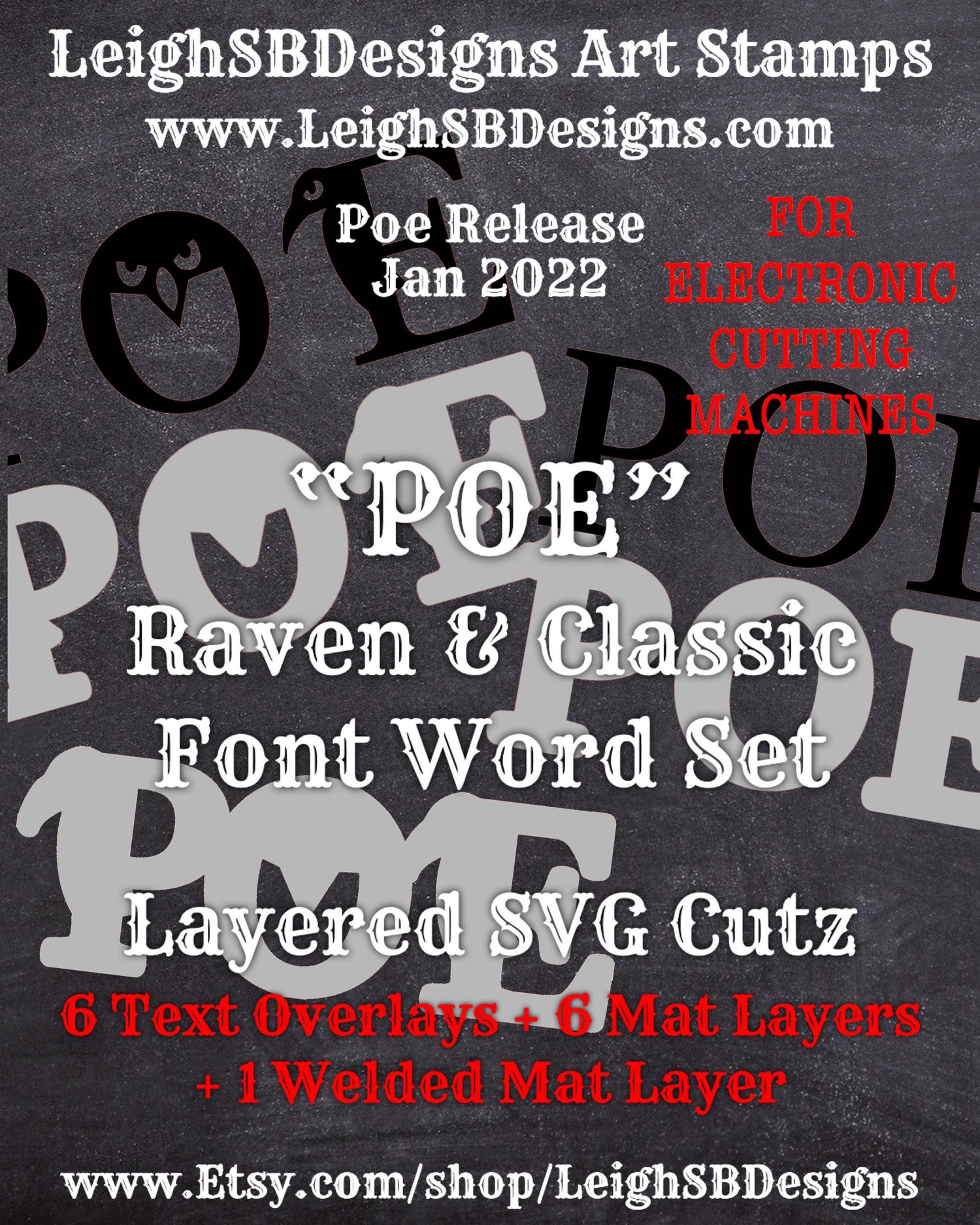 LeighSBDesigns "POE" Raven & Classic Font Word SVG Cutz set