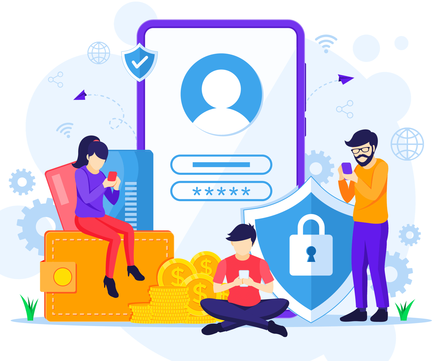 Vector graphics with people, money, wallet, mobile phone and secure lock sign