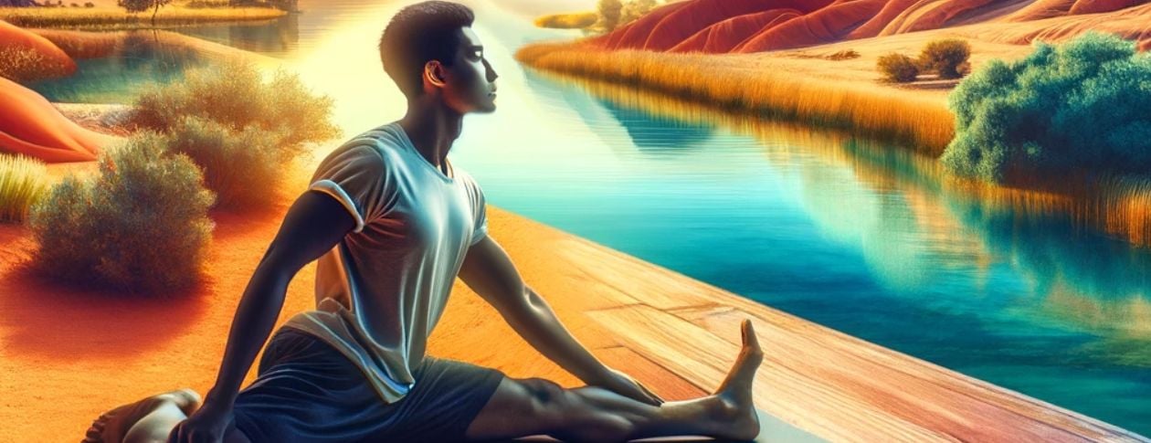 This captivating image showcases a diverse individual deeply engaged in a peaceful yin yoga pose. Set against a stunning natural backdrop, possibly a tranquil desert landscape, mountainous area, or a beach at sunset, the scene radiates calmness and tranqu