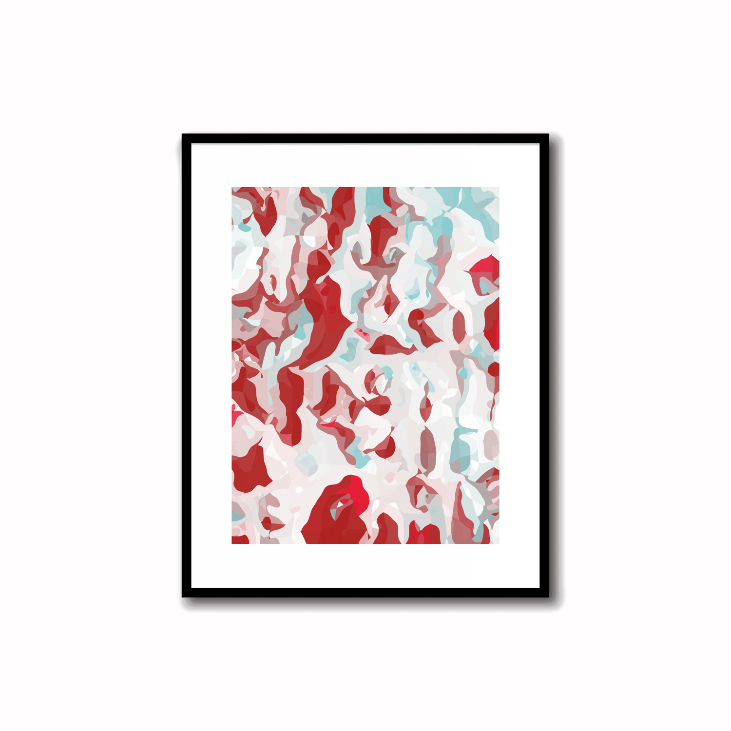 Dynamic and ethereal modern abstract art prints in Firebrick Red, Alabaster, Light Steel Blue, Arctic Charcoal, and Crimson Glory. Perfect for wall, desk, and shelf decor.