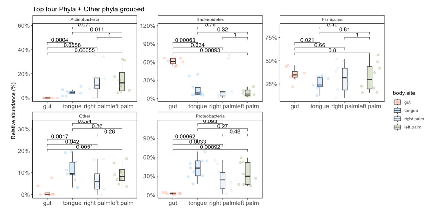 Taxa relative abundance box plots with Kruskal Wallis comparisons