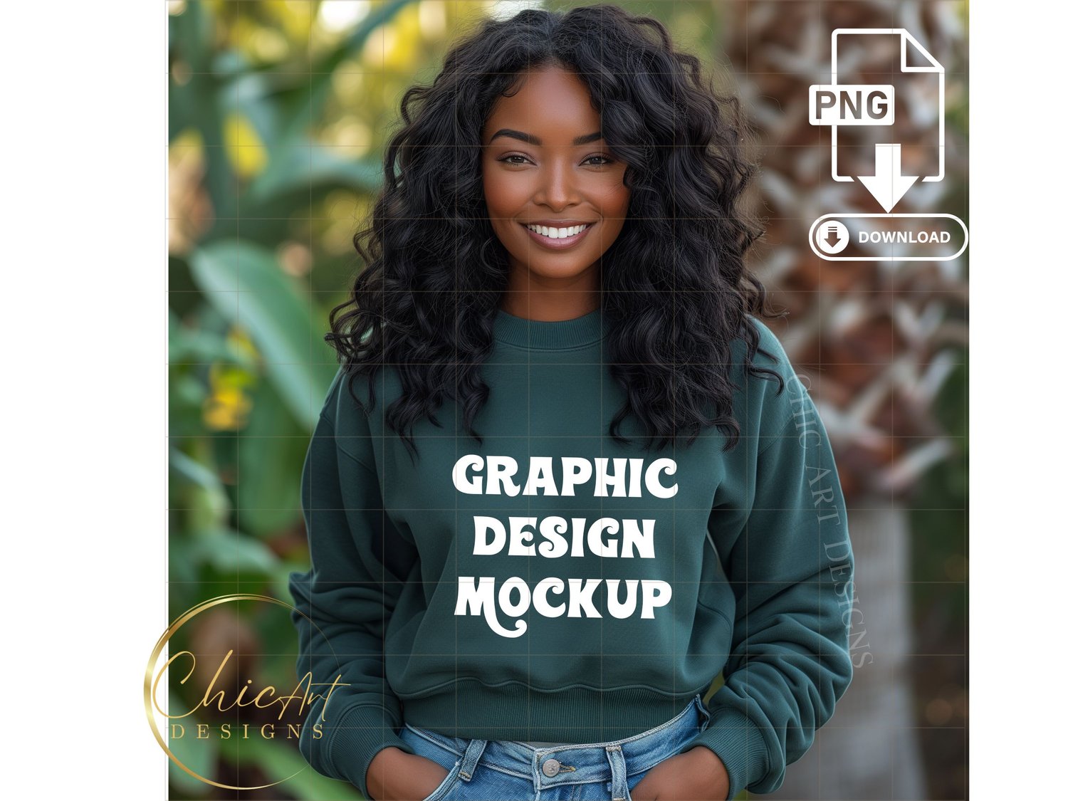 Dark skin black woman green sweatshirt mockup