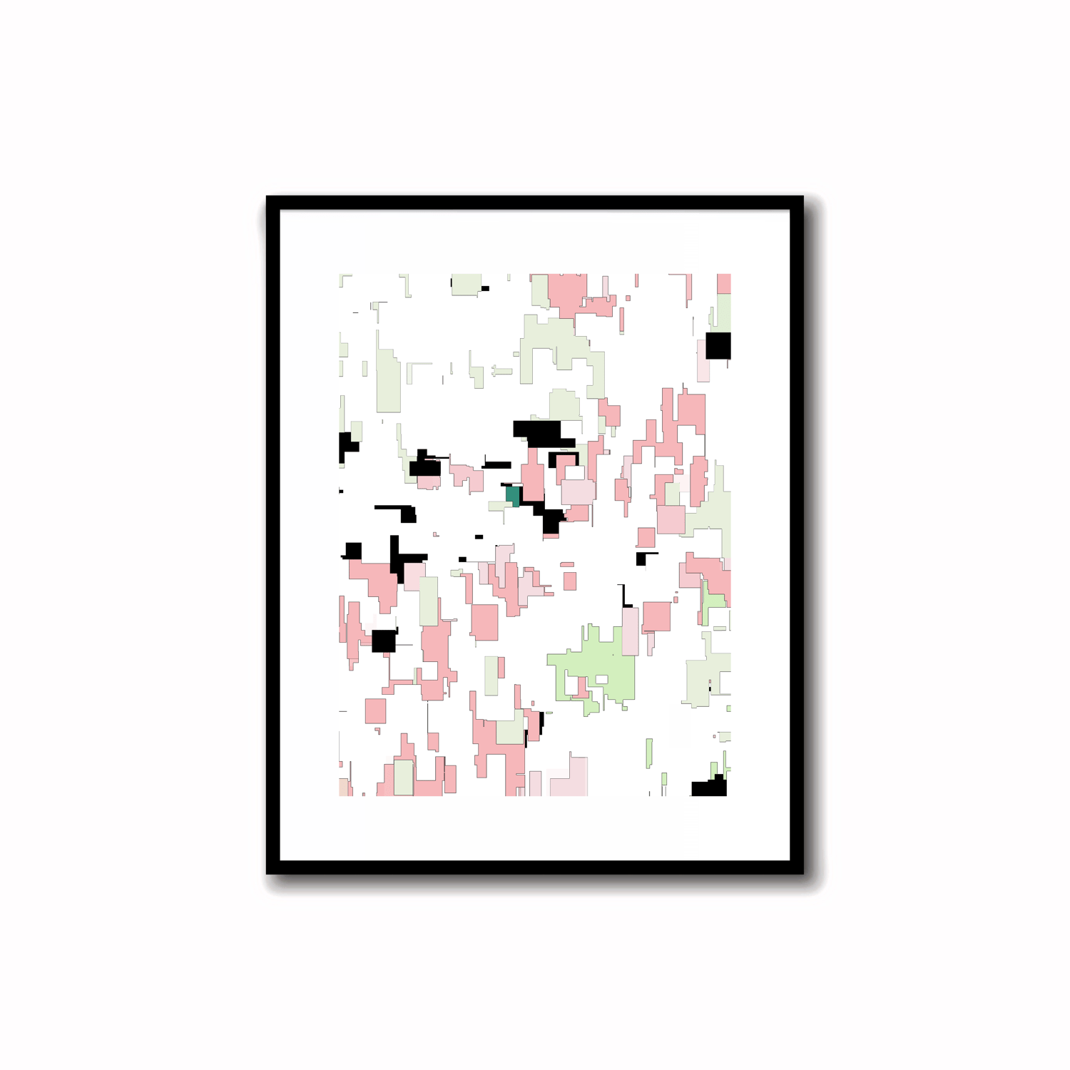 Bright Mid-Century Modern abstract printable art in Coral Pink, Pastel Green, and Teal Blue colors. Perfect for wall, desk, and shelf decor.