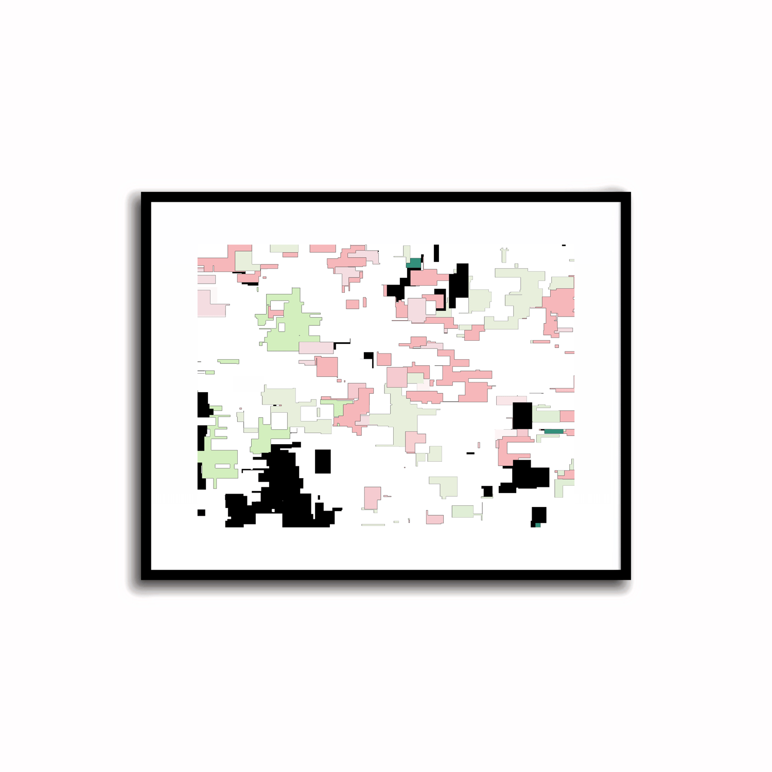 Bright Mid-Century Modern abstract printable art in Coral Pink, Pastel Green, and Teal Blue colors. Perfect for wall, desk, and shelf decor.