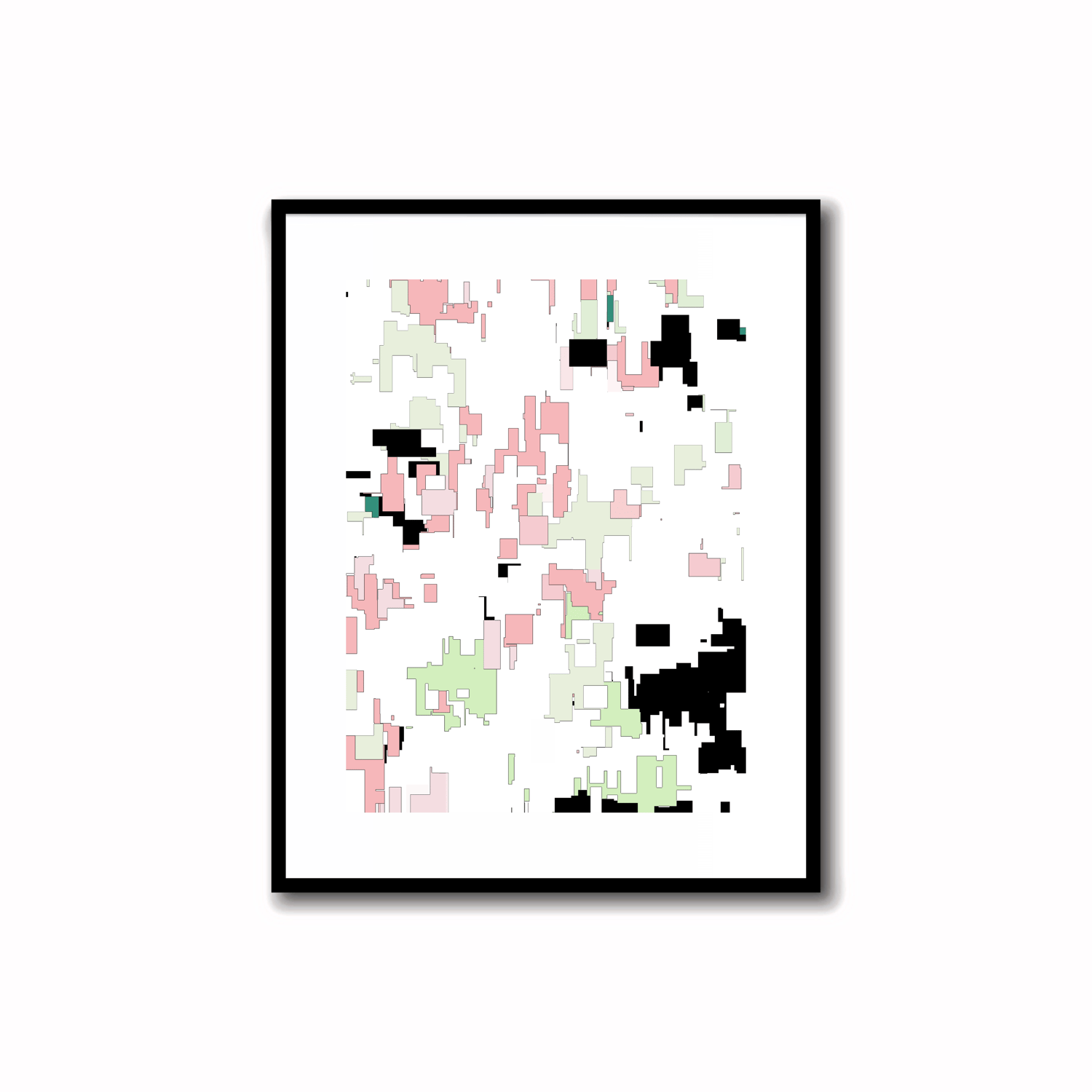 Bright Mid-Century Modern abstract printable art in Coral Pink, Pastel Green, and Teal Blue colors. Perfect for wall, desk, and shelf decor.