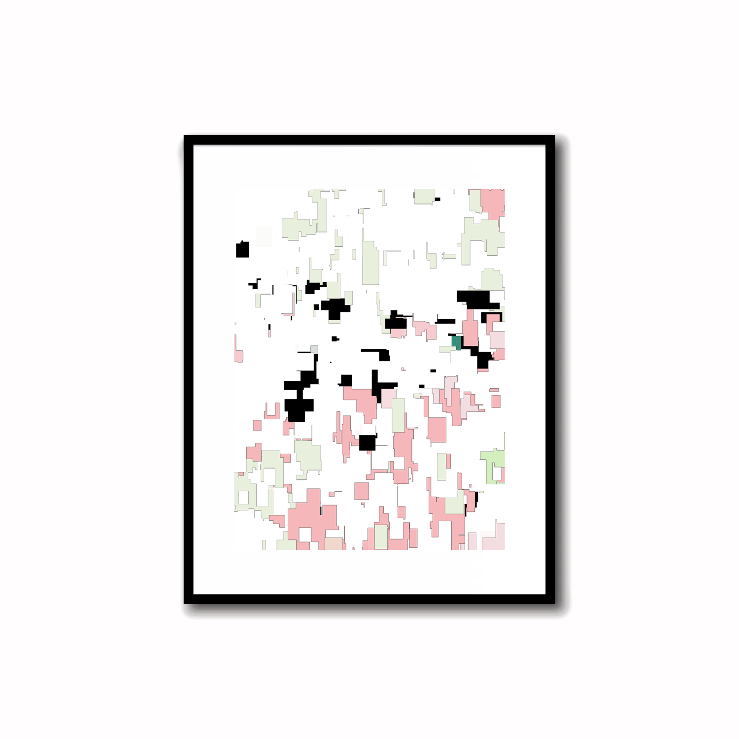 Bright Mid-Century Modern abstract printable art in Coral Pink, Pastel Green, and Teal Blue colors. Perfect for wall, desk, and shelf decor.