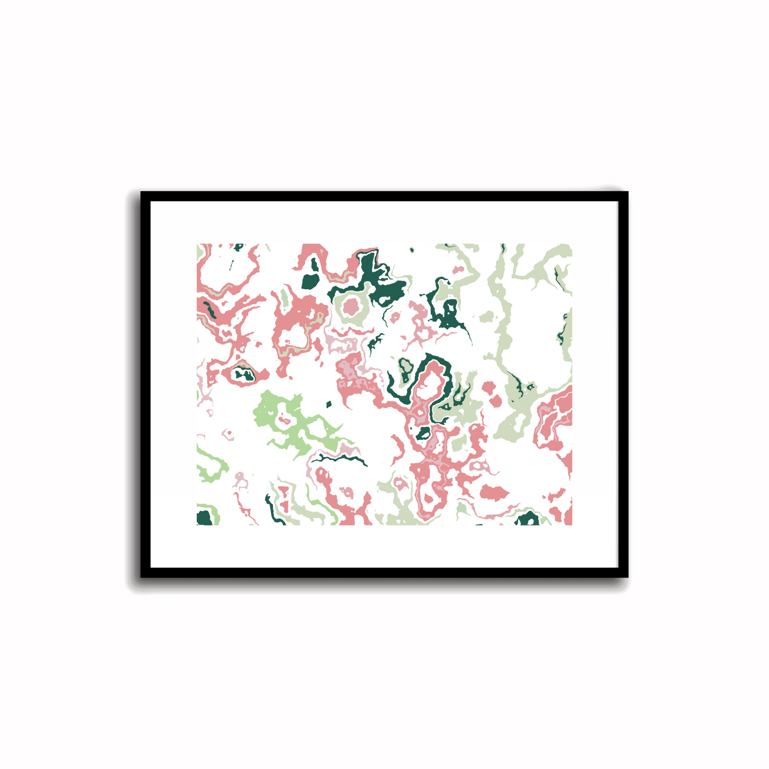 Bright Mid-Century Modern abstract printable art in Coral Pink, Pastel Green, and Teal Blue colors. Perfect for wall, desk, and shelf decor.