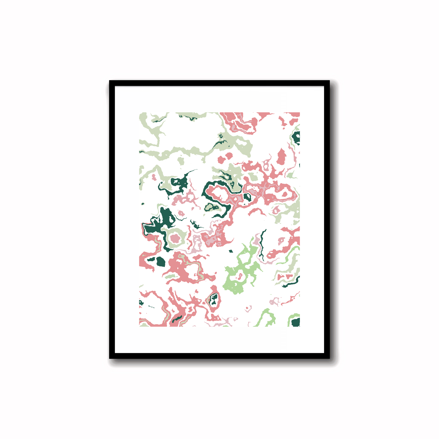 Bright Mid-Century Modern abstract printable art in Coral Pink, Pastel Green, and Teal Blue colors. Perfect for wall, desk, and shelf decor.