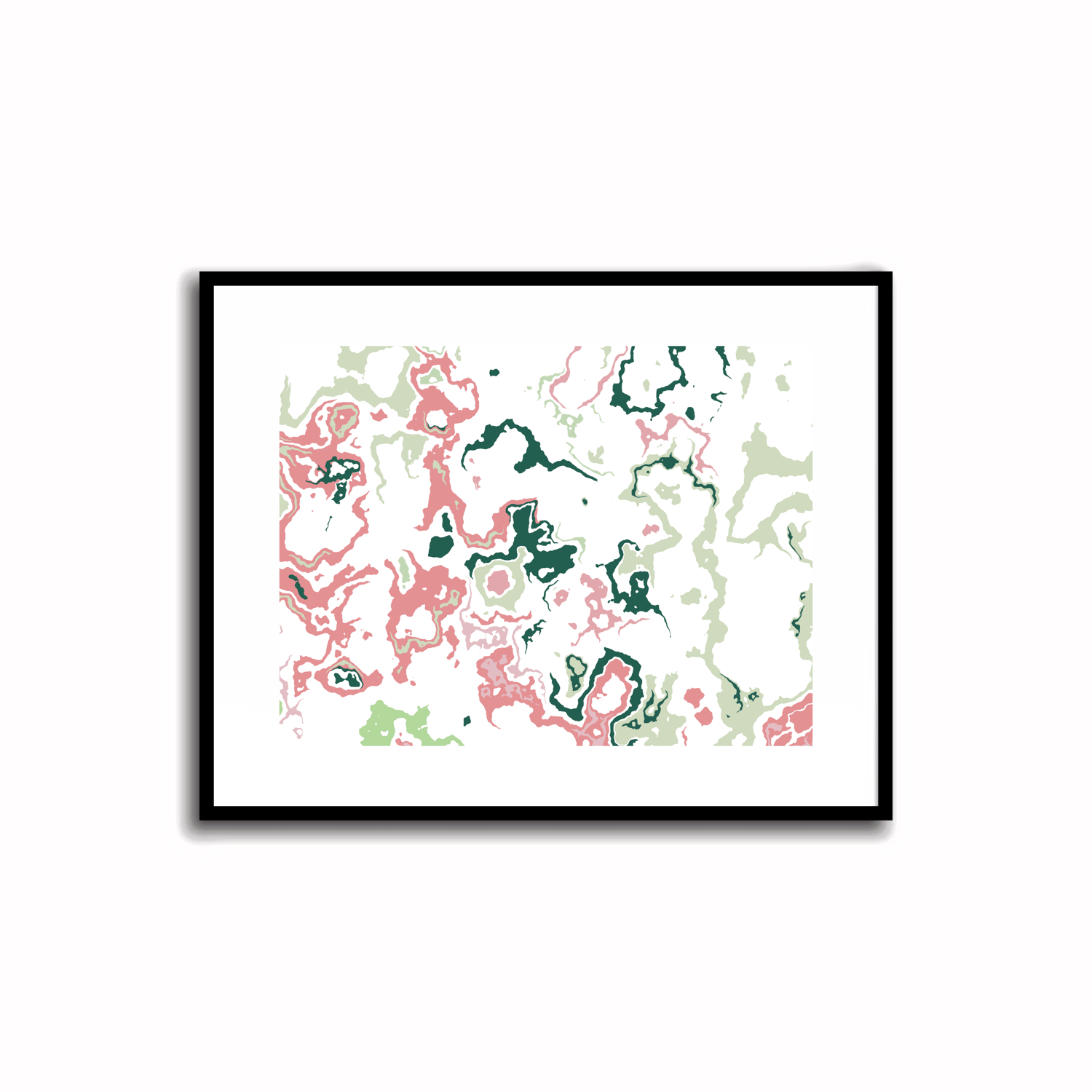 Bright Mid-Century Modern abstract printable art in Coral Pink, Pastel Green, and Teal Blue colors. Perfect for wall, desk, and shelf decor.