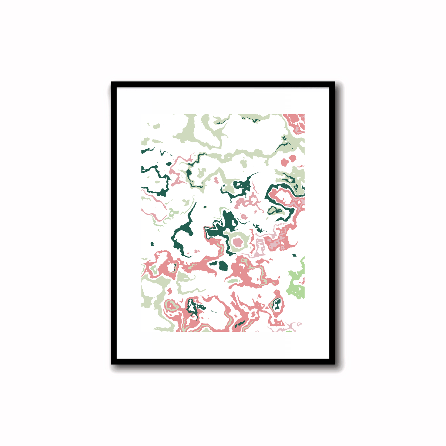 Bright Mid-Century Modern abstract printable art in Coral Pink, Pastel Green, and Teal Blue colors. Perfect for wall, desk, and shelf decor.