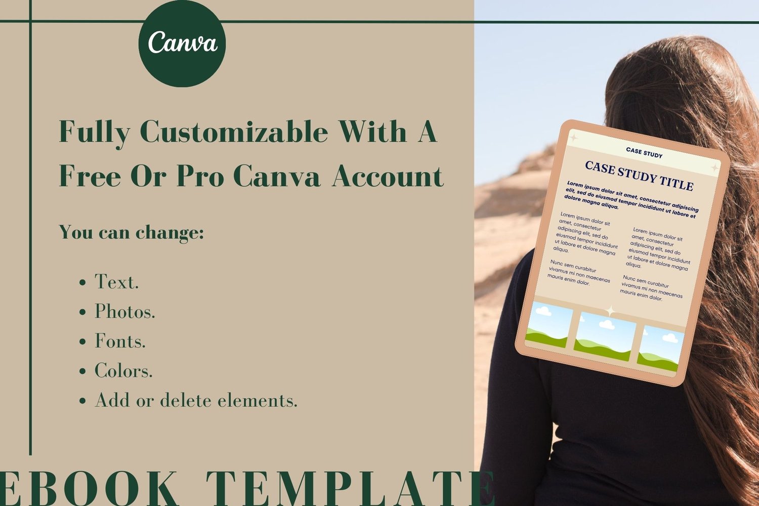 Fully customizable with a free or Pro Canva account. You can change text, photos, fonts, colors, and add or delete elements.