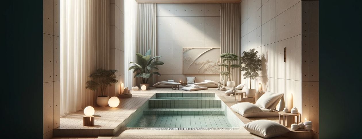 This image showcases a serene and minimalist indoor spa, thoughtfully designed to support the journey of trauma recovery by embodying tranquility and simplicity. The spa features an elegantly understated indoor pool or jacuzzi, nestled within a clean, ope