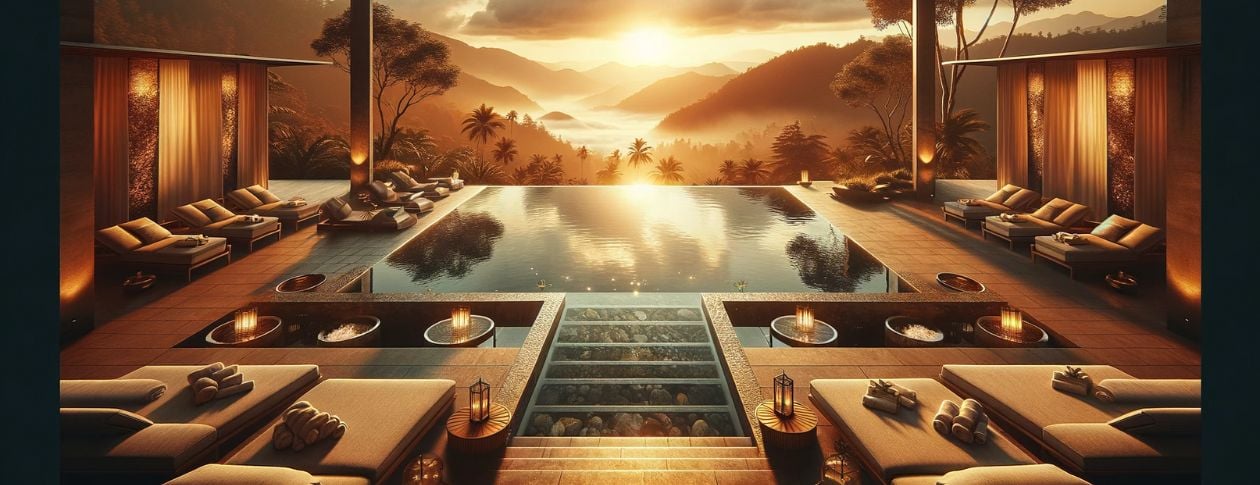 This image portrays an inviting outdoor spa designed as an integral part of a trauma recovery program, set against a backdrop of natural beauty and rendered in warm, soothing tones. It features a therapeutic hydrotherapy pool or natural hot spring, carefu
