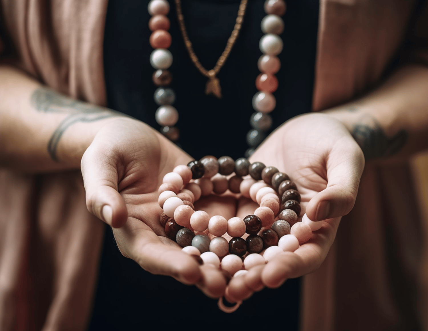 woman holding mala beads