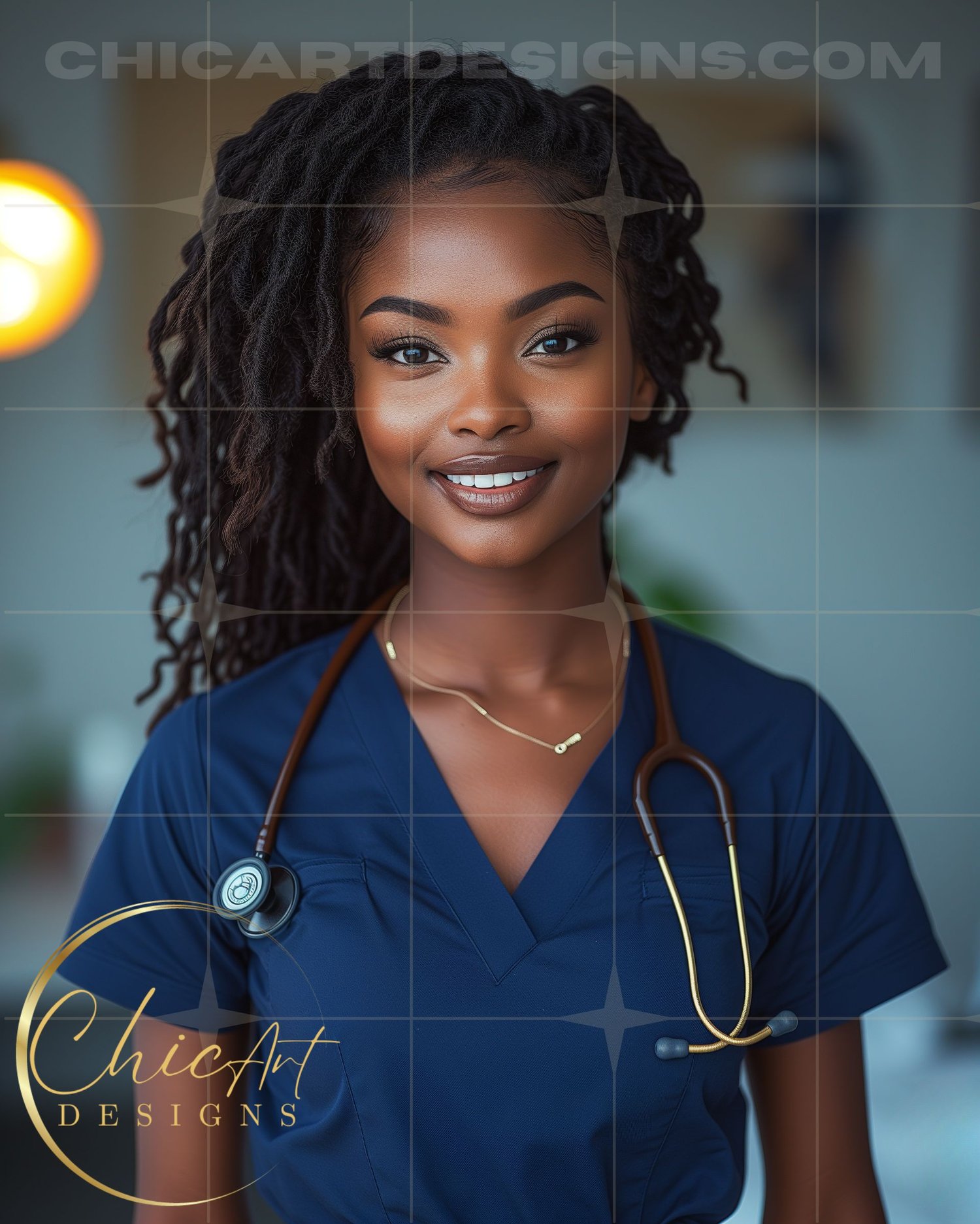 Dark Skin African American Woman with Dark Locd Hair Wearing Dark Blue Medical Scrubs with Stethoscope, Mockup Photo