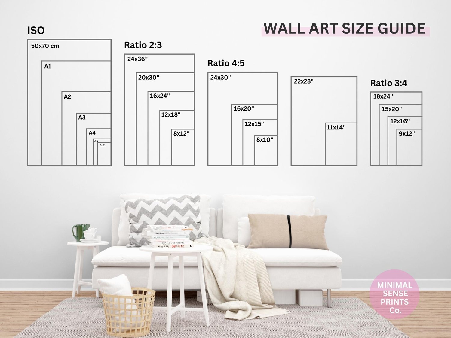 Digital download printable Wall Art size guide. This product comes with 5 different ratio file sizes  which can easily be printed on various paper sizes.
