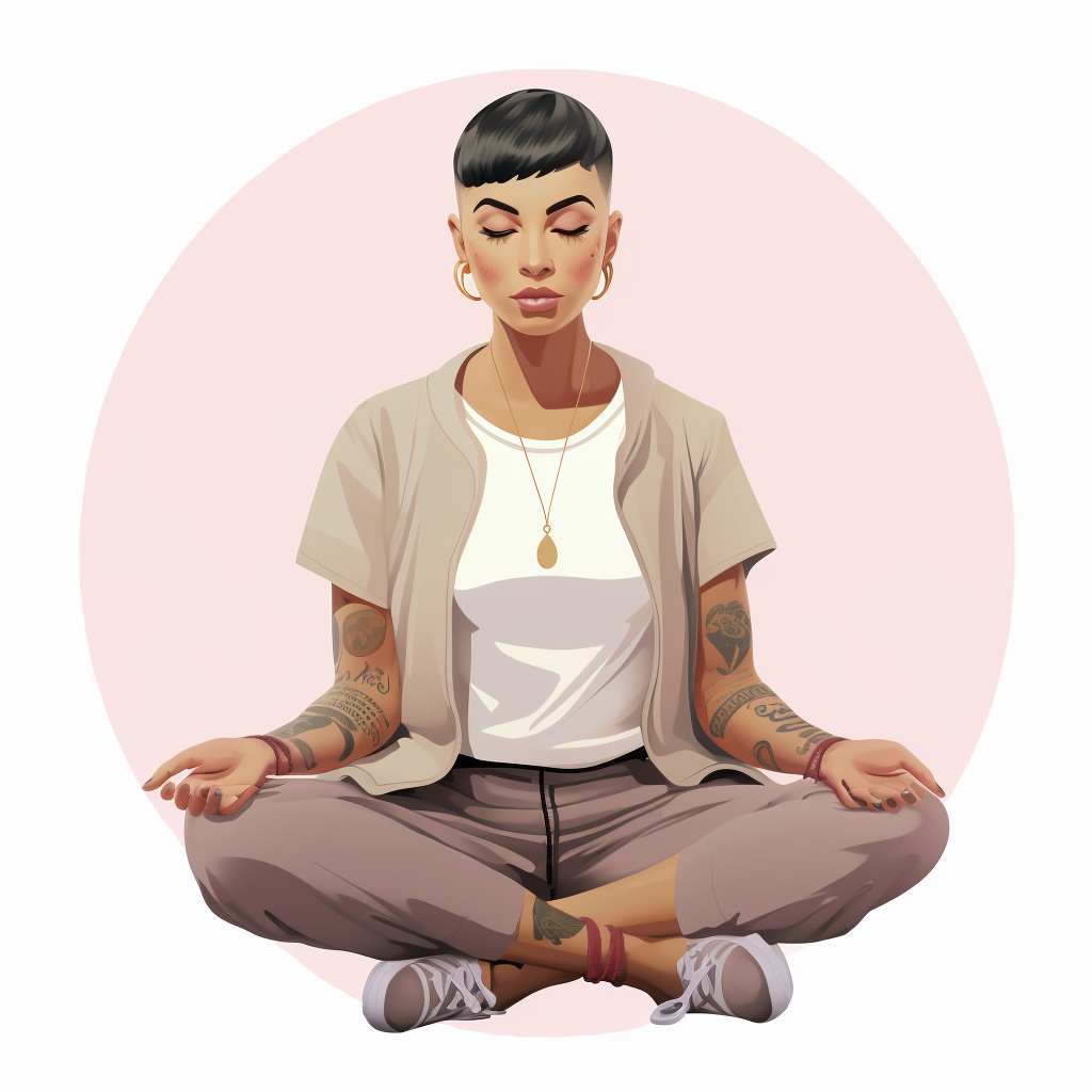 illustration woman sitting crossed legged in meditation on a yoga mat
