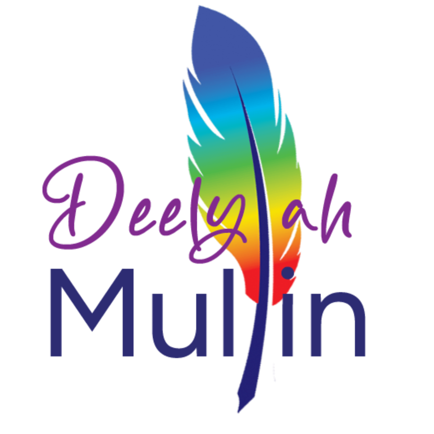 Deelylah Mullin logo with stylized text and a rainbow feather for an L in each name.
