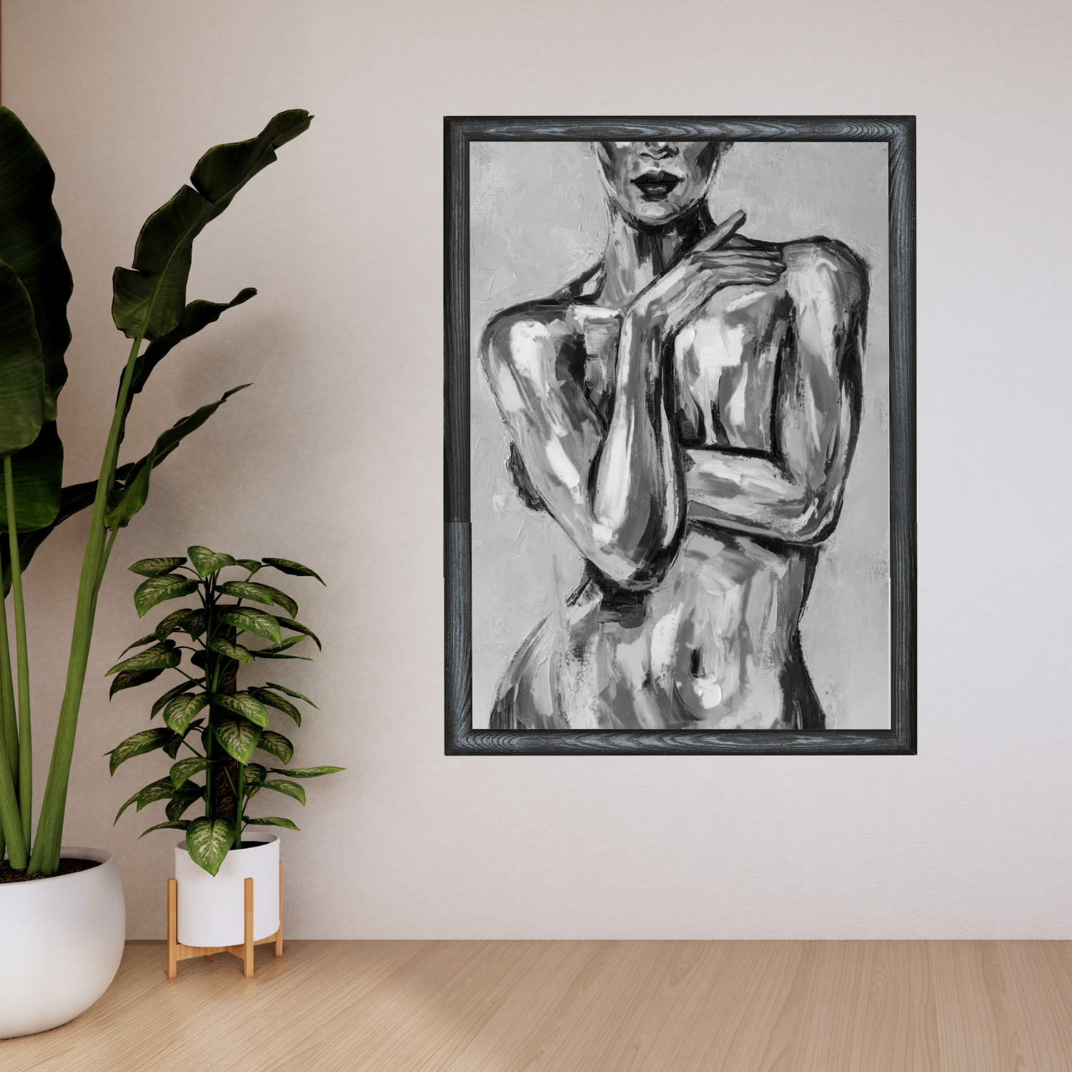 A Black and White Printable Painting of  Naked Woman Posing.