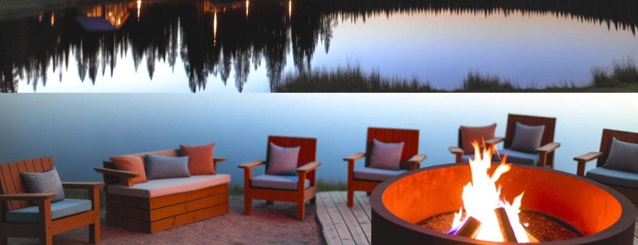 This serene image captures the essence of a trauma-informed approach to healing and wellness, set against the backdrop of a tranquil lakeside retreat at dusk. The warm glow of a fire pit gently illuminates the scene, reflecting off the calm waters and inv