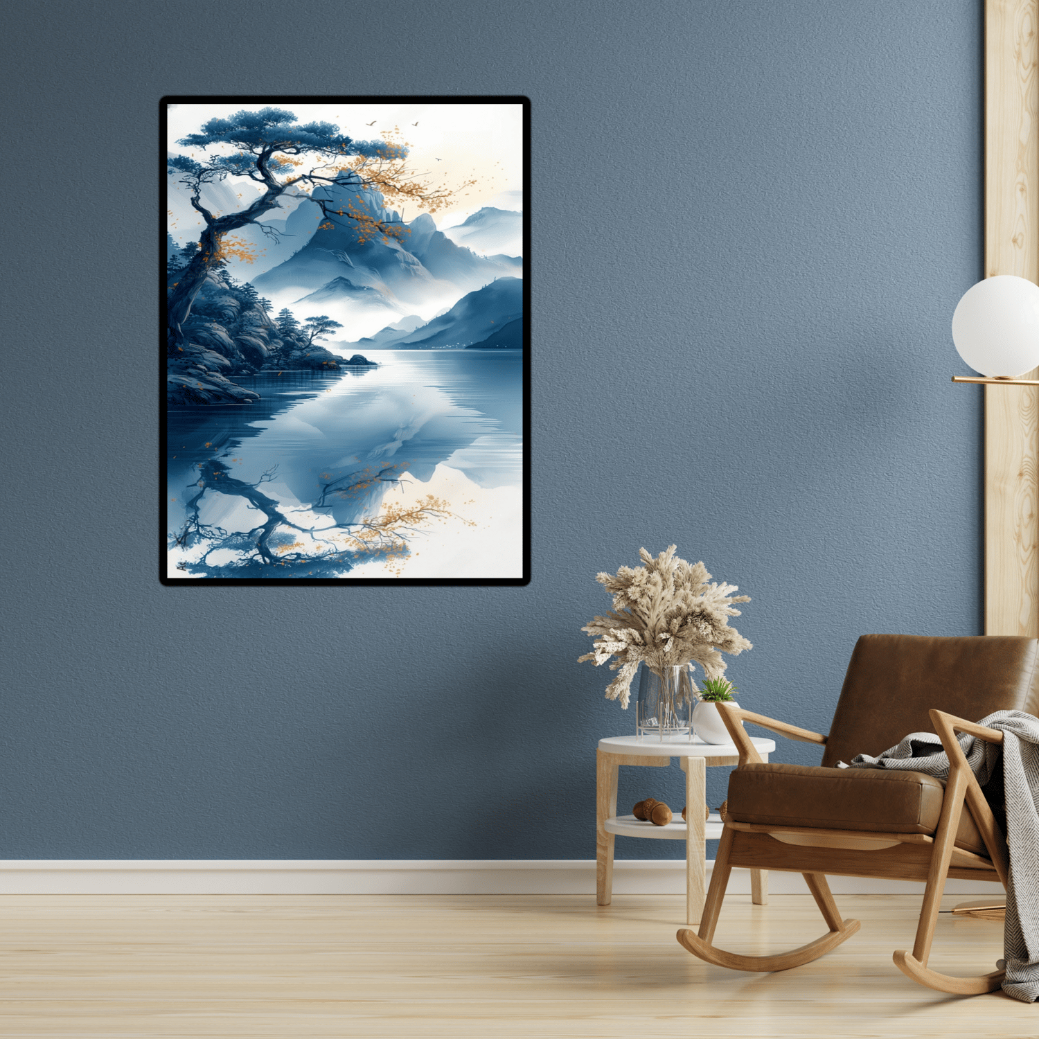 nature painted in oriental style with watercolors in a landscape with mountains in the background and a river in the foreground with a single pine tree above it.