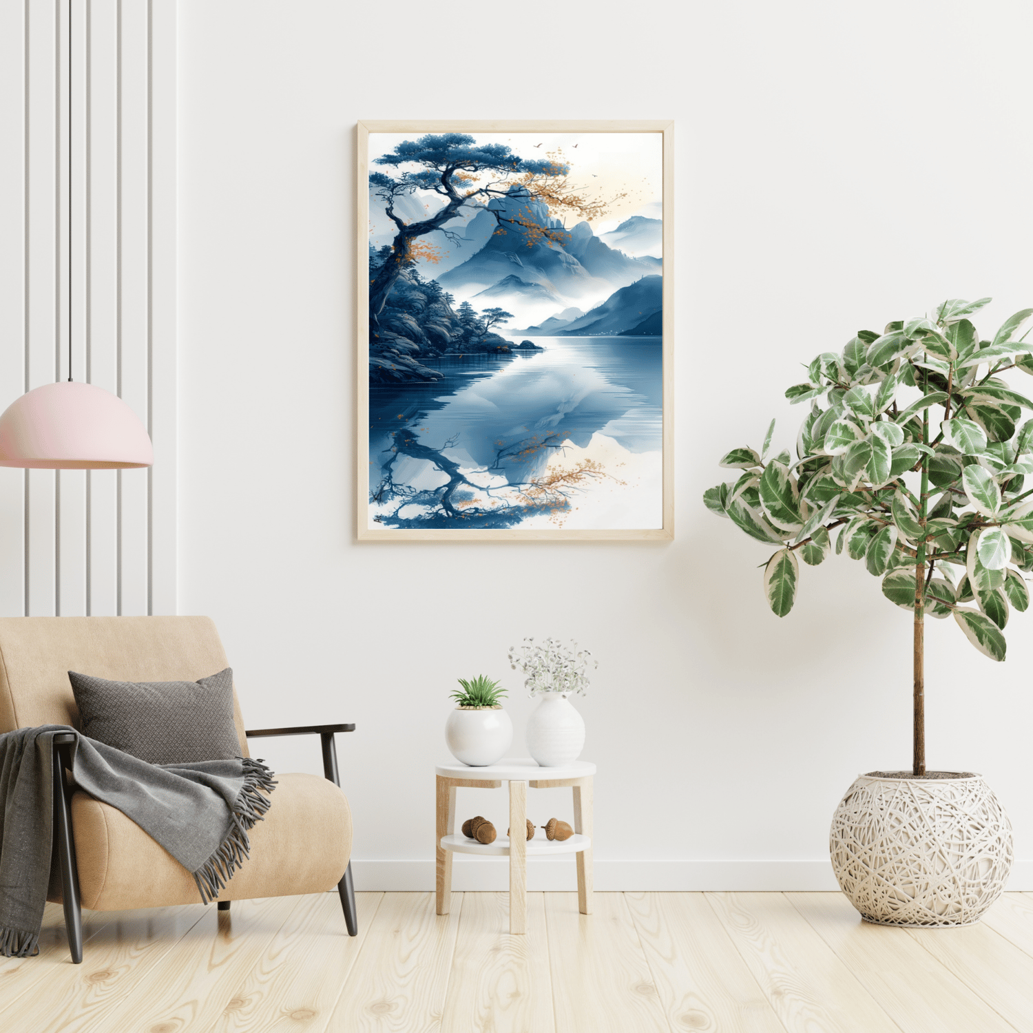 nature painted in oriental style with watercolors in a landscape with mountains in the background and a river in the foreground with a single pine tree above it.