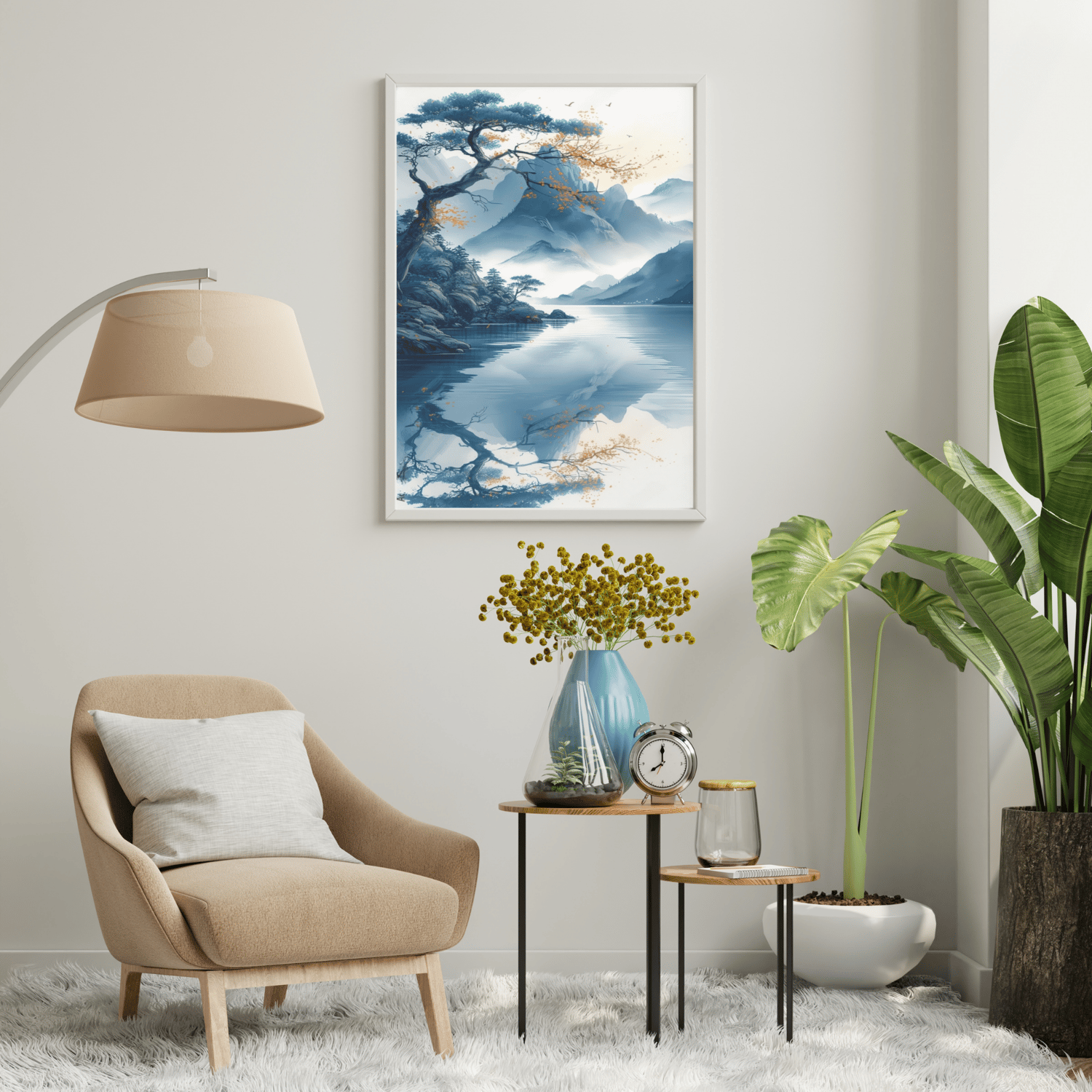 A single pine tree is depicted above the river, adding a touch of elegance and symbolism to the artwork.