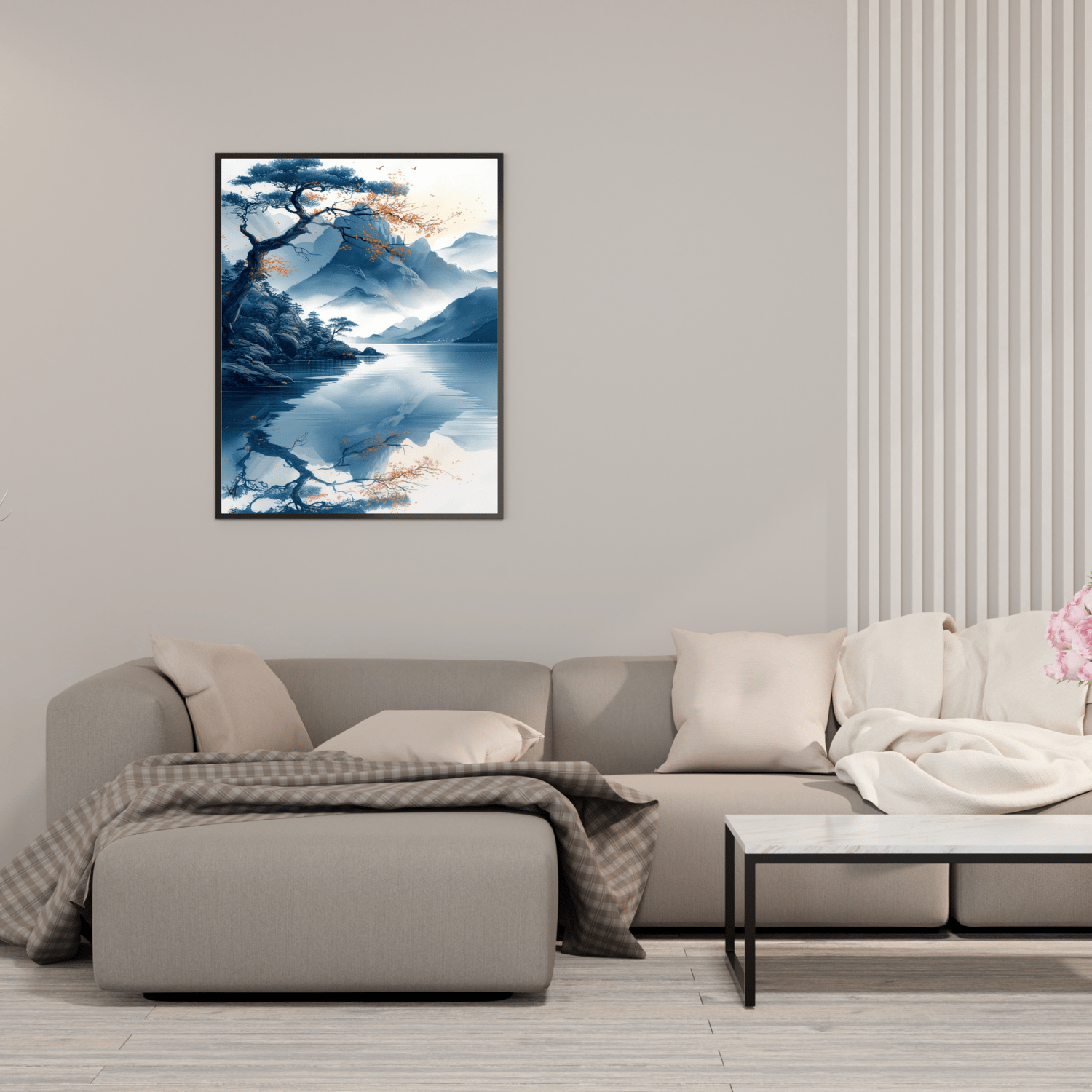 A single pine tree is depicted above the river, adding a touch of elegance and symbolism to the artwork.