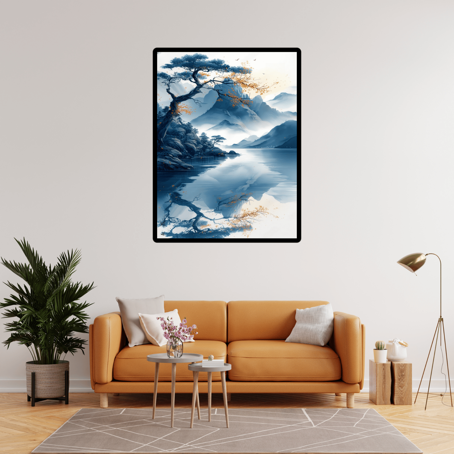 A single pine tree is depicted above the river, adding a touch of elegance and symbolism to the artwork.