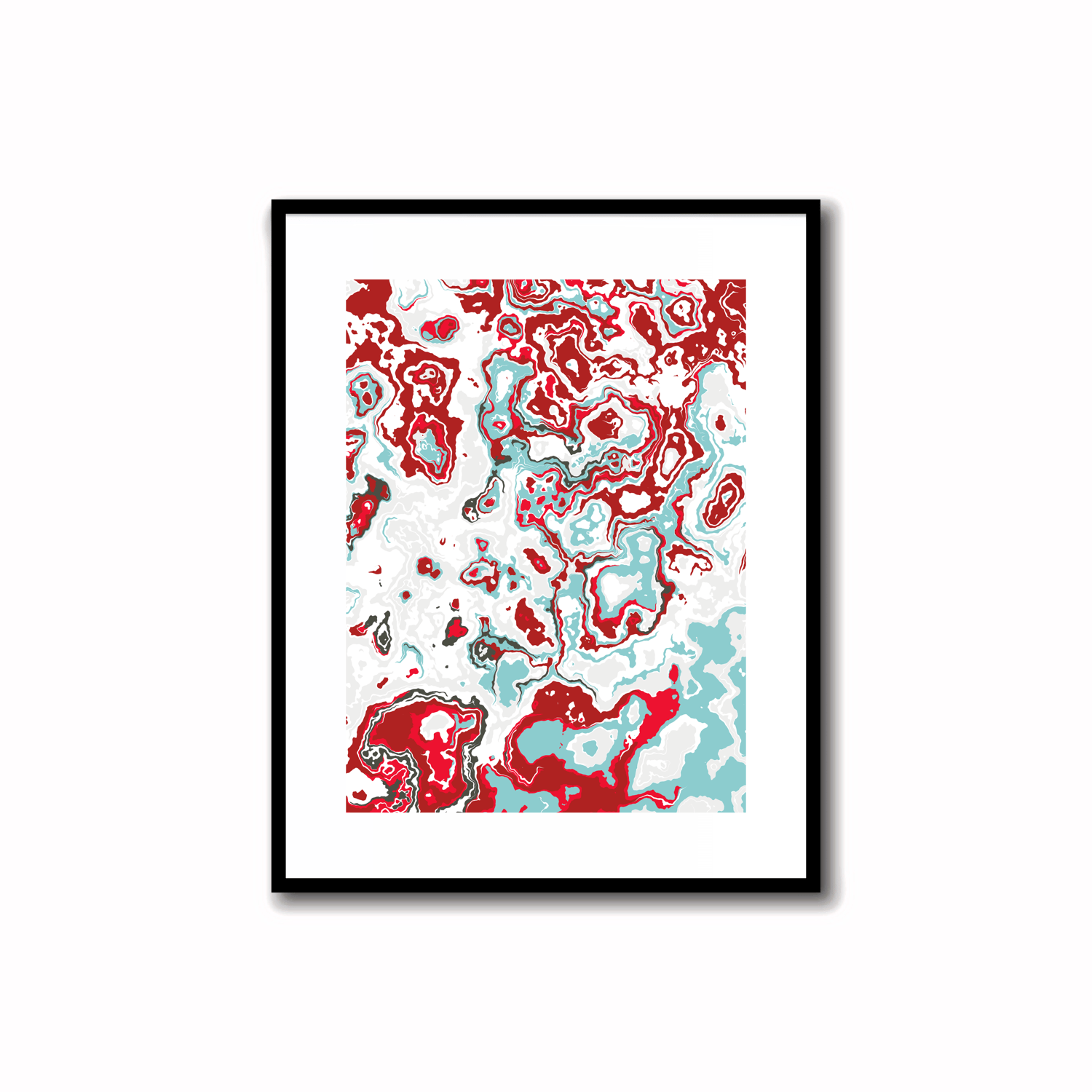 Dynamic and ethereal modern abstract art prints in Firebrick Red, Alabaster, Light Steel Blue, Arctic Charcoal, and Crimson Glory. Perfect for wall, desk, and shelf decor.