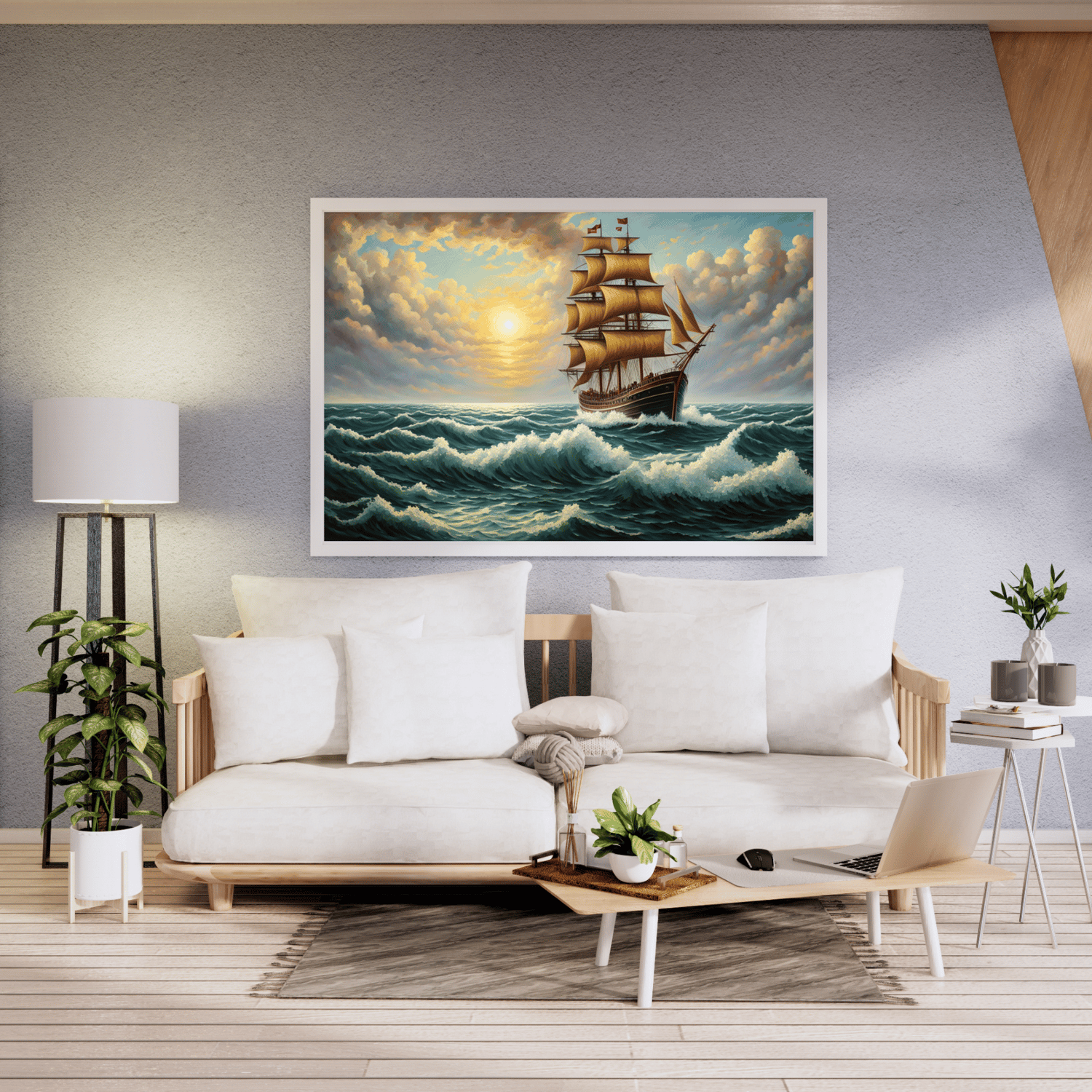 An old sailing ship on a stormy sea.