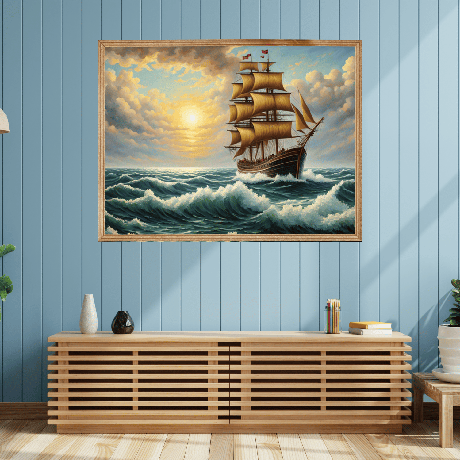 An old sailing ship on a stormy sea.