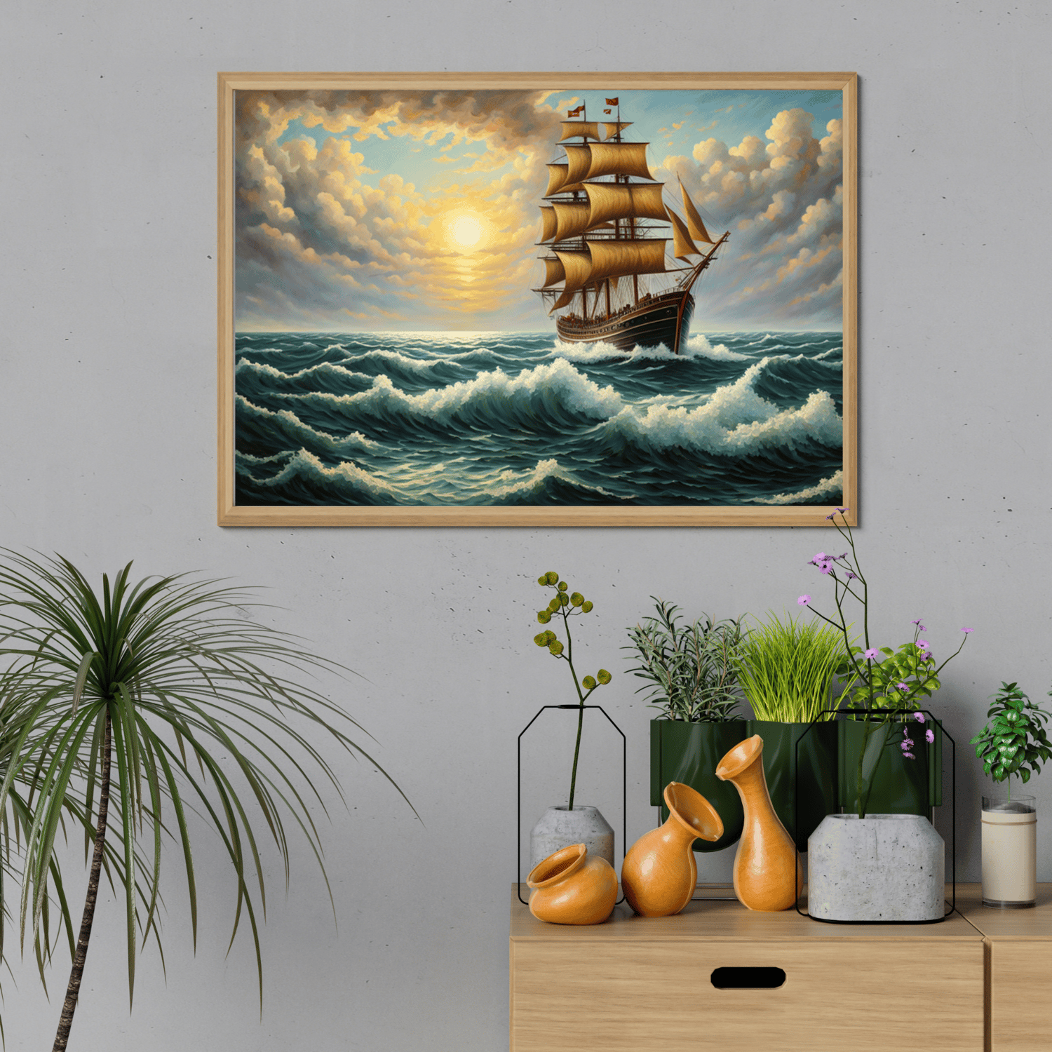 picture frame with An old sailing ship on a stormy sea.