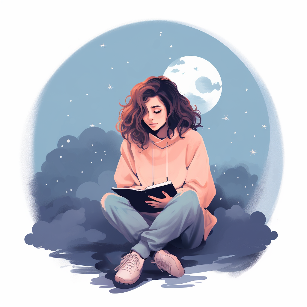 Illustration girl journaling at full moon