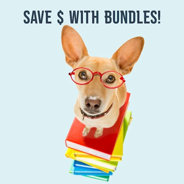 Dog sitting atop a stack of book. Text reads: save $£€ with bundles!