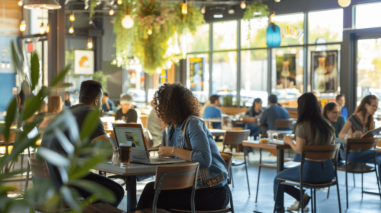 Remote workers sit in restaurant