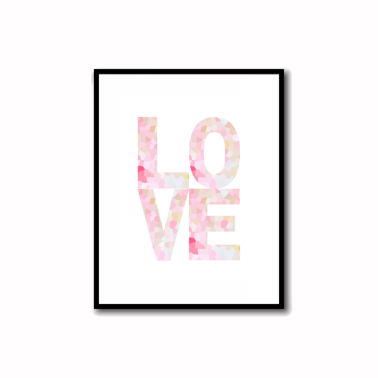 Bright, Colorful and Modern Abstract Printable LOVE Art in Rose Pink, Soft Orchid, Linen, Sunshine Yellow and Bronze Colors. Ideal for wall, desk, and shelf decor.