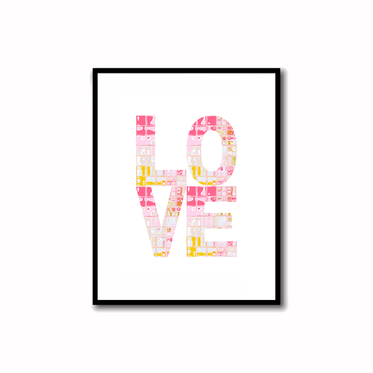 Bright, Colorful and Modern Abstract Printable LOVE Art in Rose Pink, Soft Orchid, Linen, Sunshine Yellow and Bronze Colors. Ideal for wall, desk, and shelf decor.