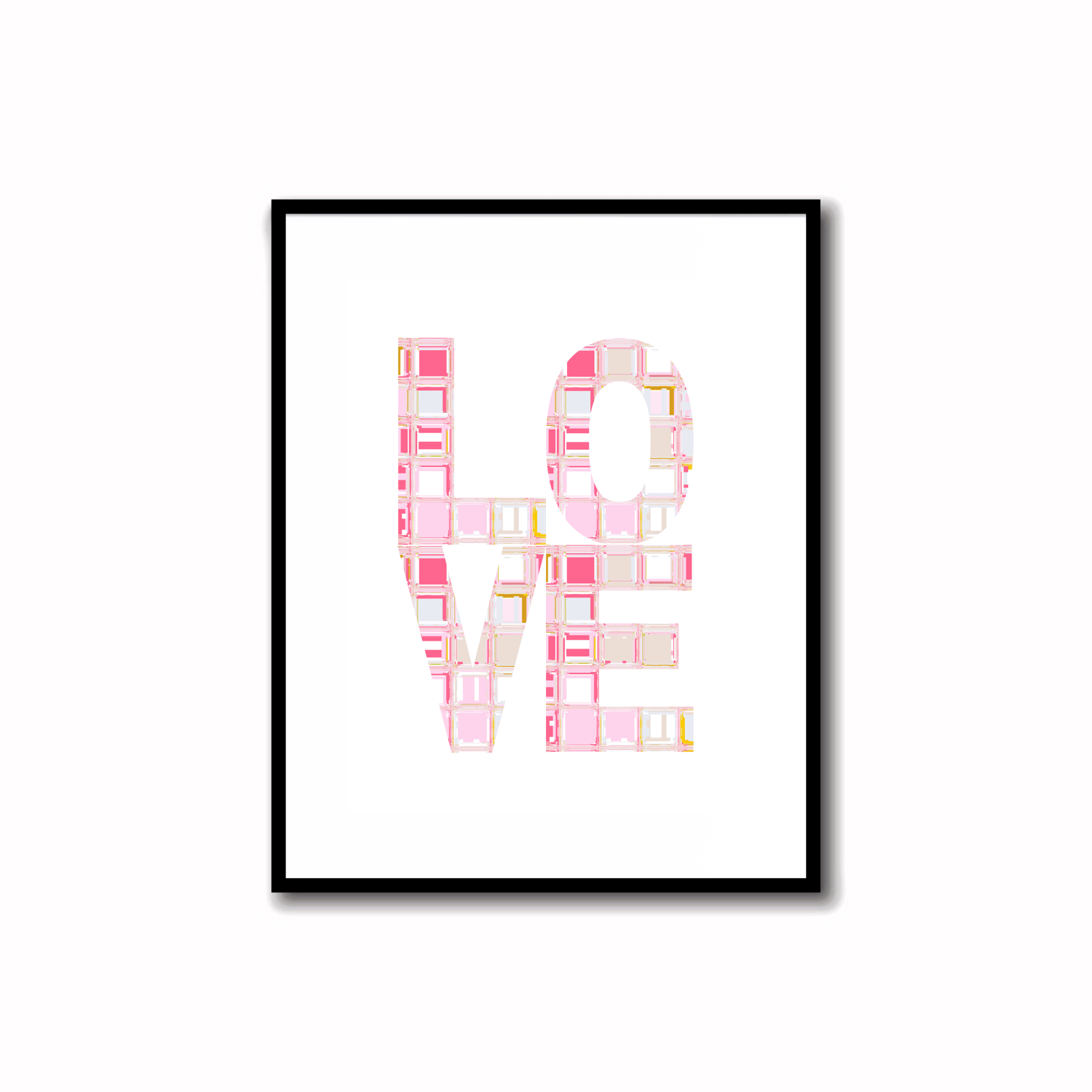 Bright, Colorful and Modern Abstract Printable LOVE Art in Rose Pink, Soft Orchid, Linen, Sunshine Yellow and Bronze Colors. Ideal for wall, desk, and shelf decor.